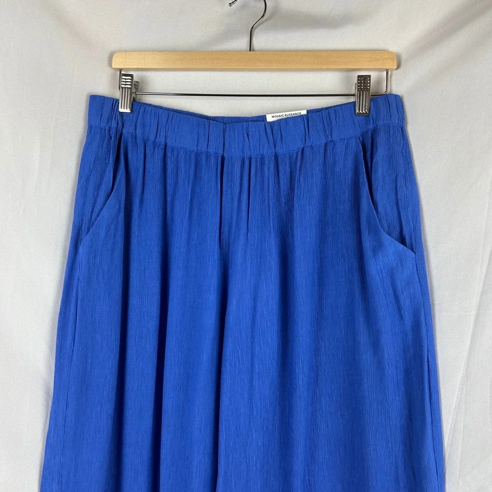 JM Collection Women Wide Leg Pants Blue Crinkle Textured Elastic Waist Large New